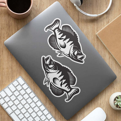 Crappie, black and white, stickers on a laptop.