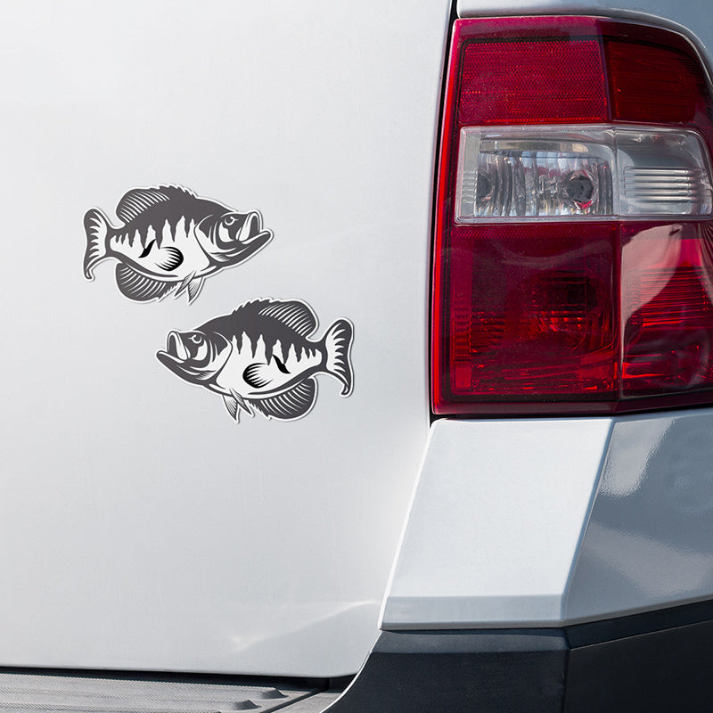 Crappie, black and white, stickers on a truck.