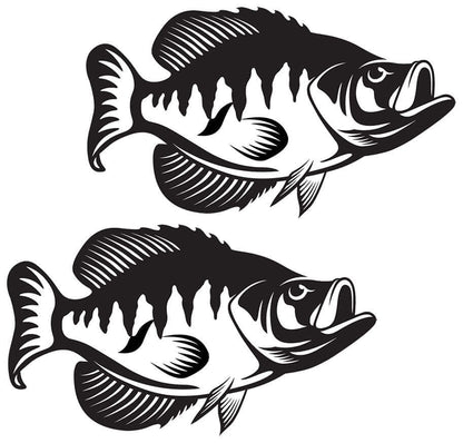 Black and white crappie wall decals, fully customizable from 40" to 70", ideal for large fish wall decor and fishing enthusiasts.