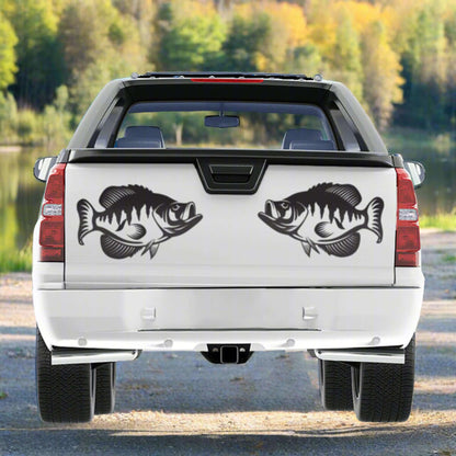 Black crappie fish decals on truck, showcasing vinyl fishing stickers for vehicles.