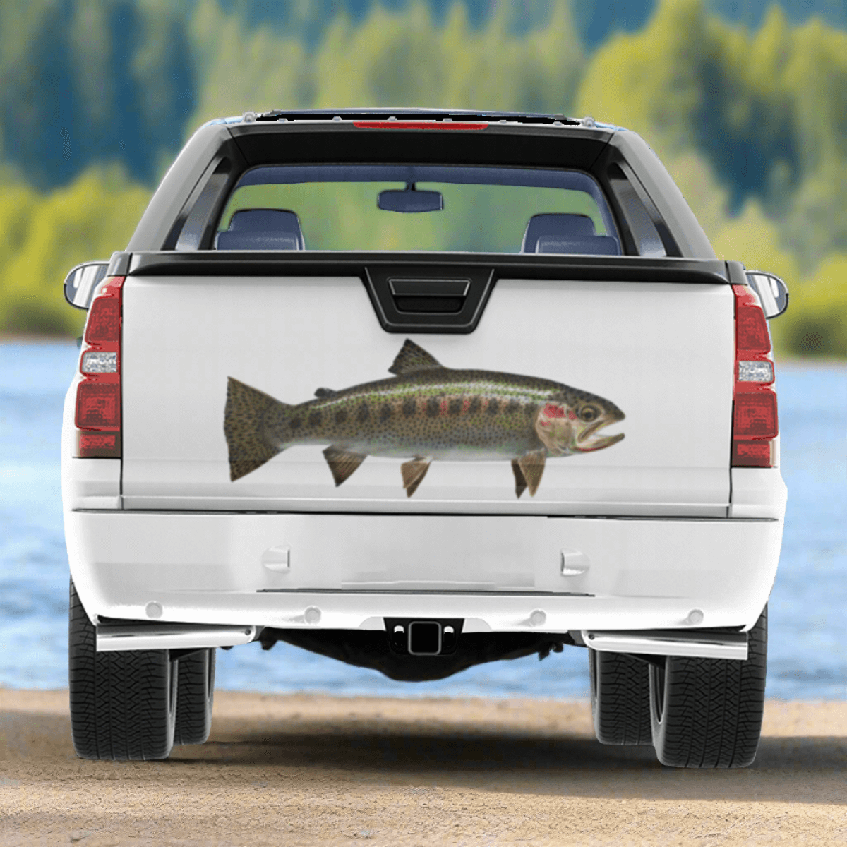 Cutthroat Trout large decal on a pickup truck near a freshwater  creek.