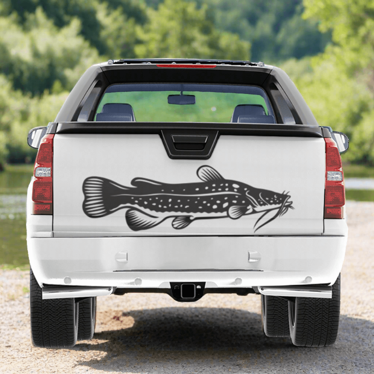 Flathead Catfish fishing decals on truck tailgate, perfect for fishing enthusiasts.