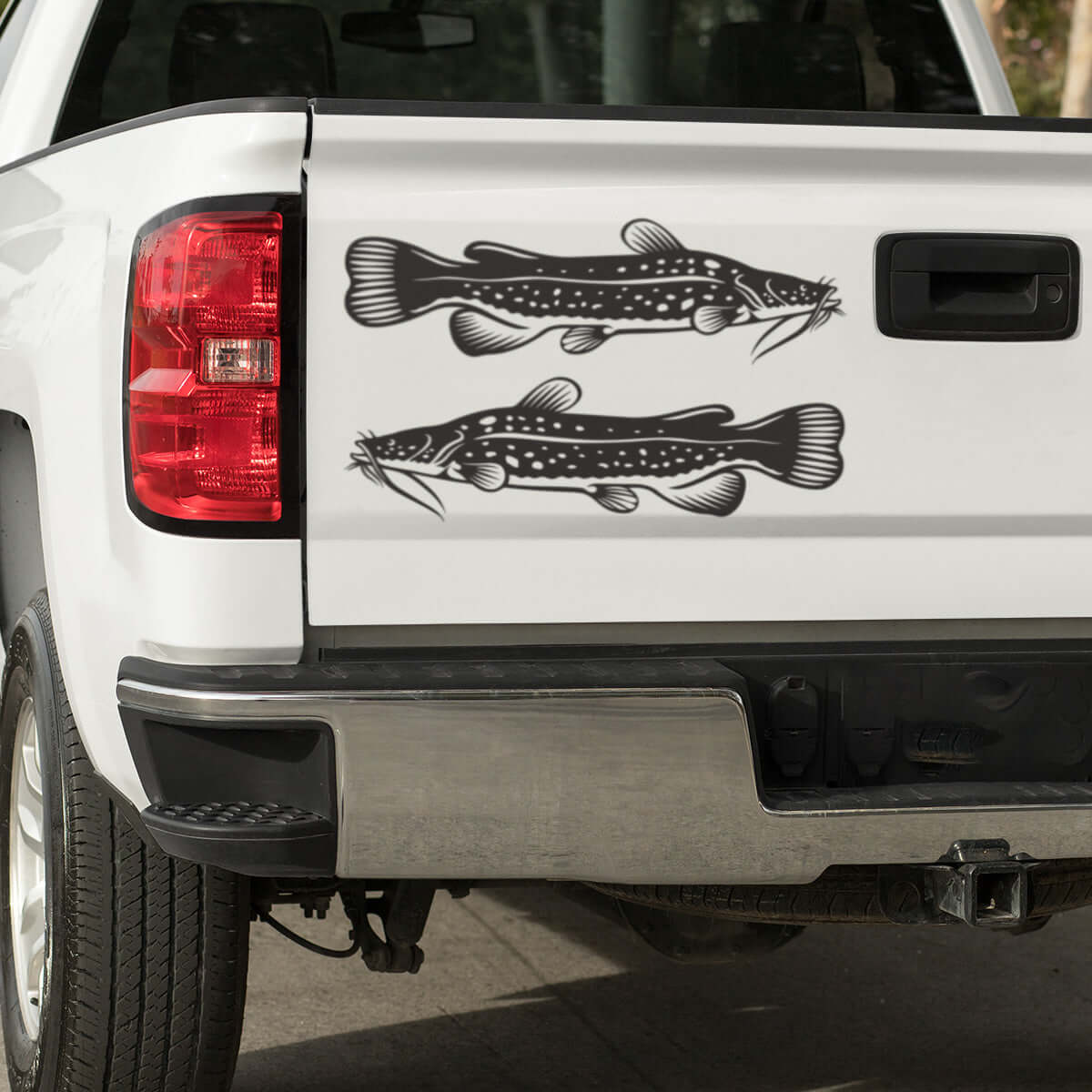 Large Flathead Catfish decals on a truck.