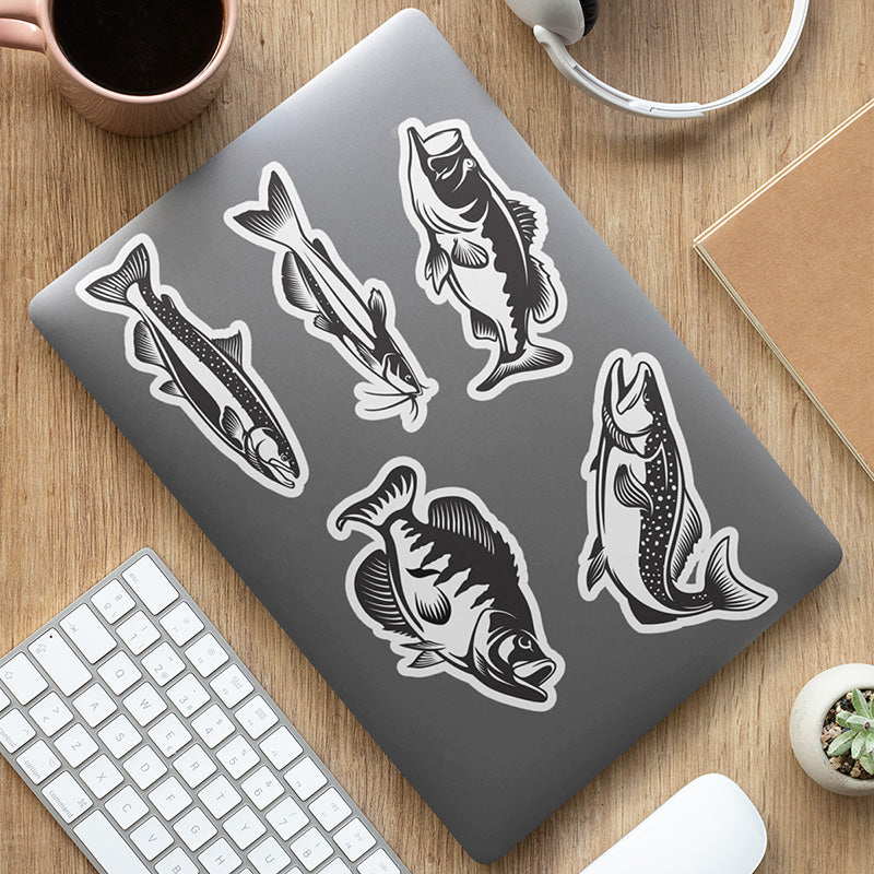 Freshwater Fish stickers on a laptop.