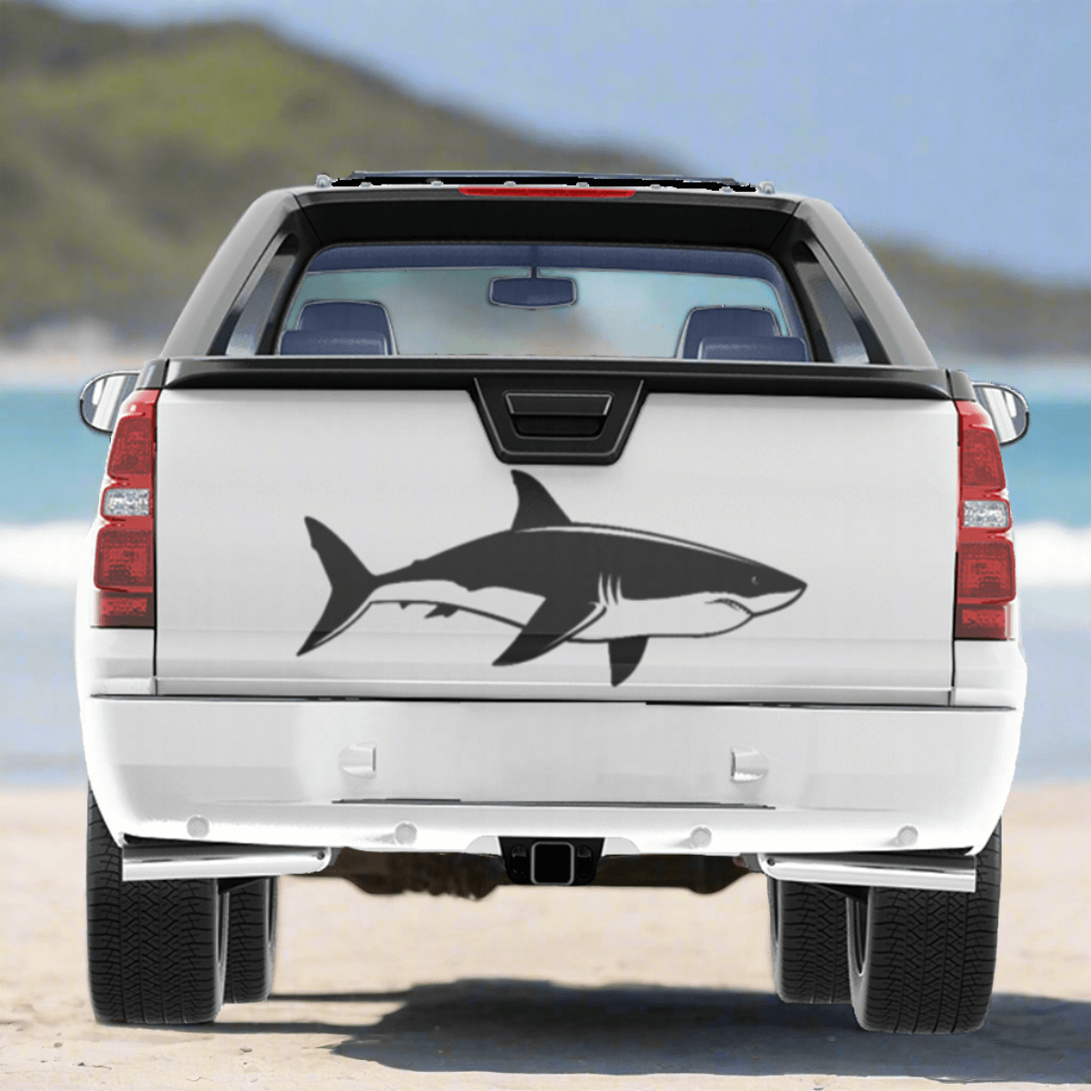 Great White Shark truck decal perfect as fish decals for trucks, displayed on a beach-ready vehicle.