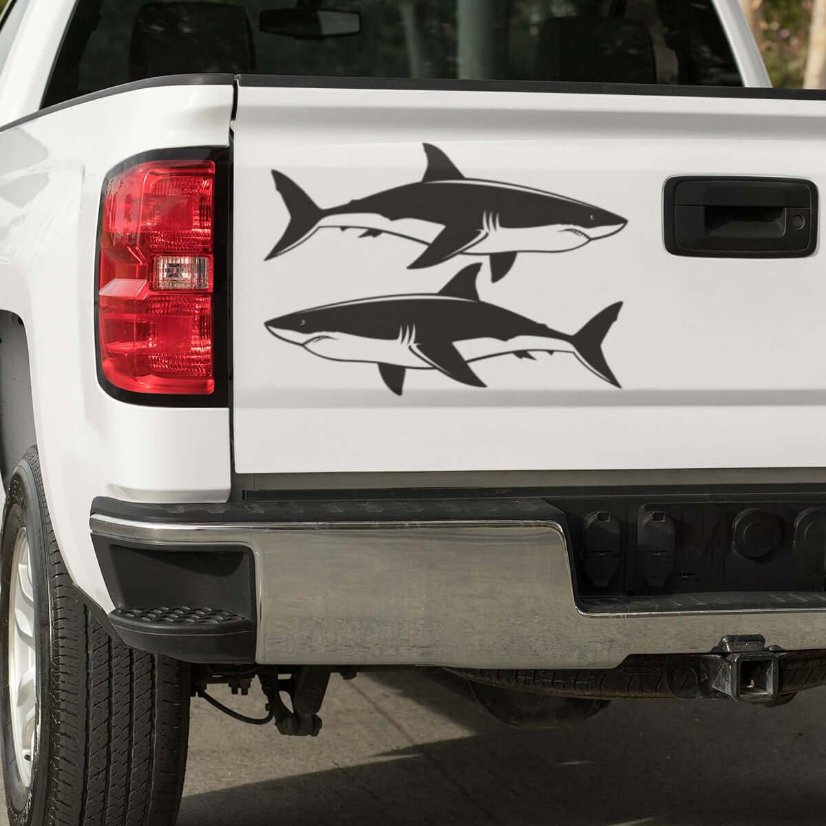 Great White Shark fish decals for trucks with black vinyl on white background, perfect for fishing enthusiasts.