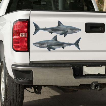 Large Great White Shark decals on a pickup truck.