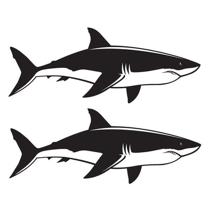 Great White Shark decals in black, left and right facing, 14"-70" sizes, marine-grade vinyl for fishing decals and stickers.