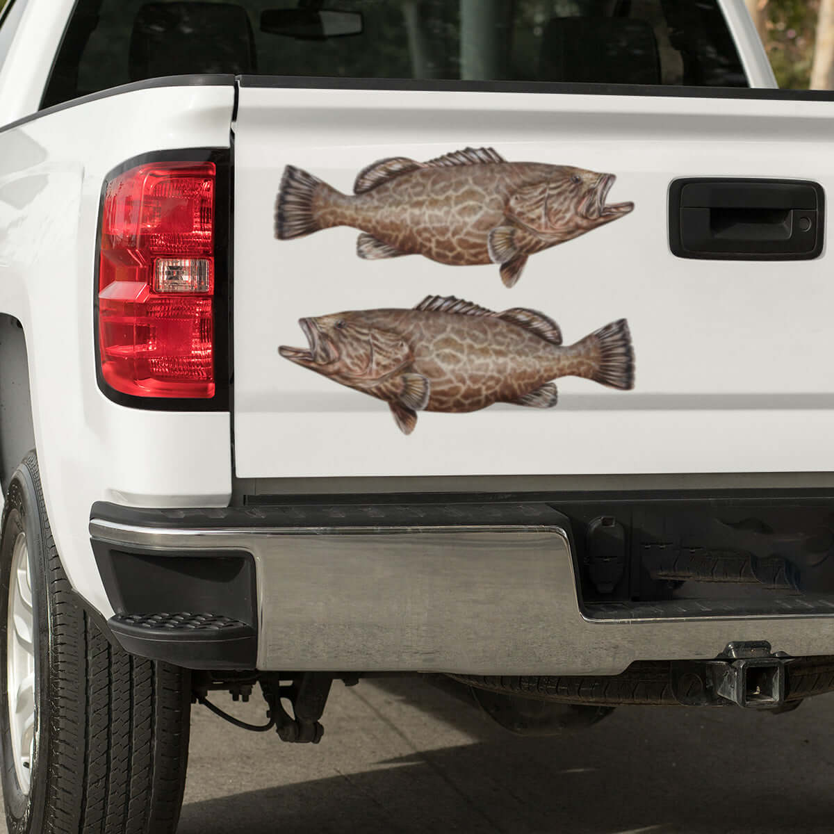 Grouper large decals on a pickup truck.