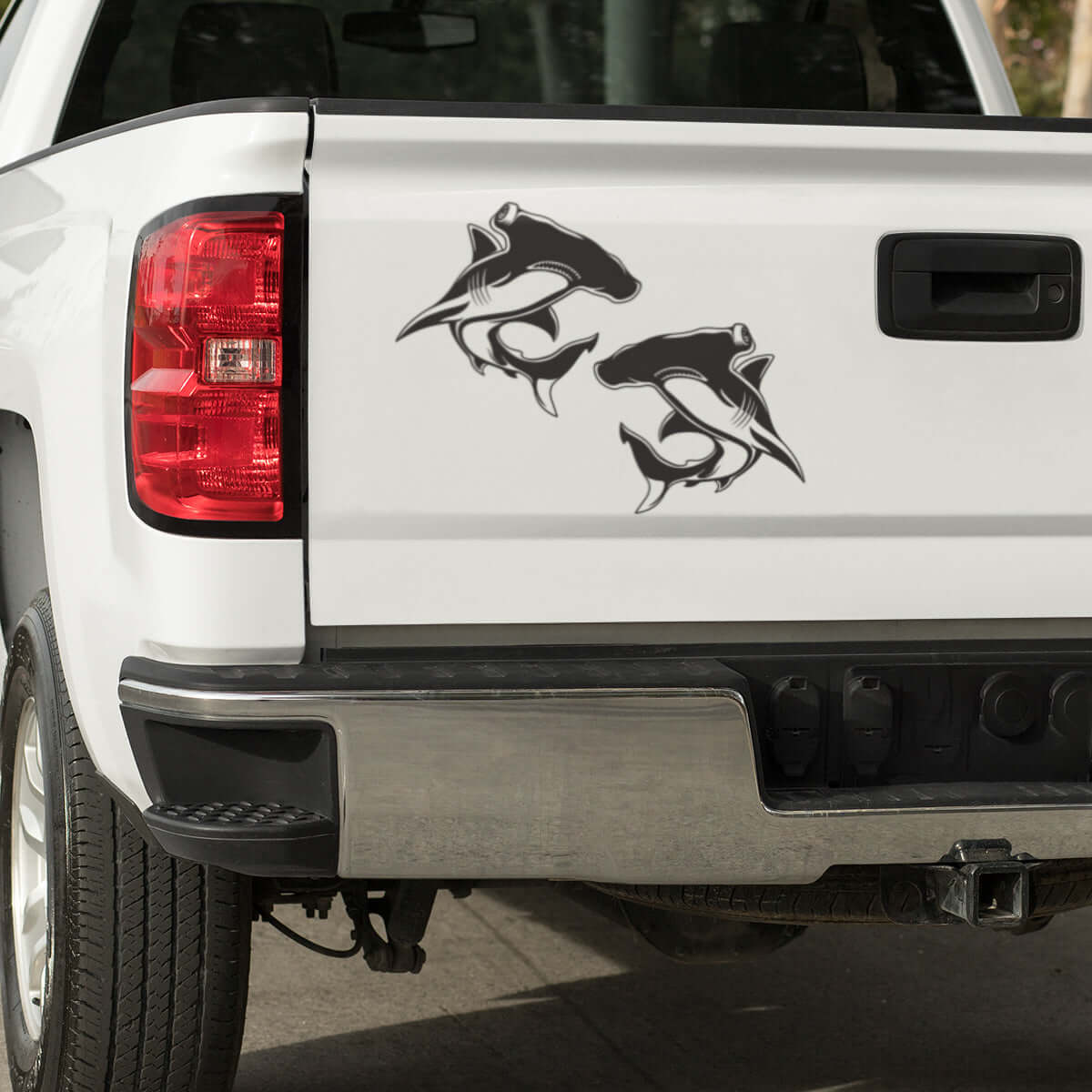 Black hammerhead shark decals on truck, perfect fish decals for cars.