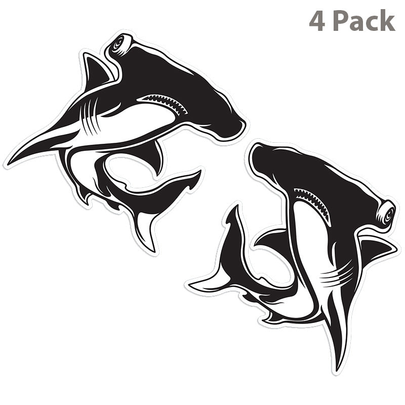 Hammerhead Shark stickers 10 inch, black & white, 4 pack.