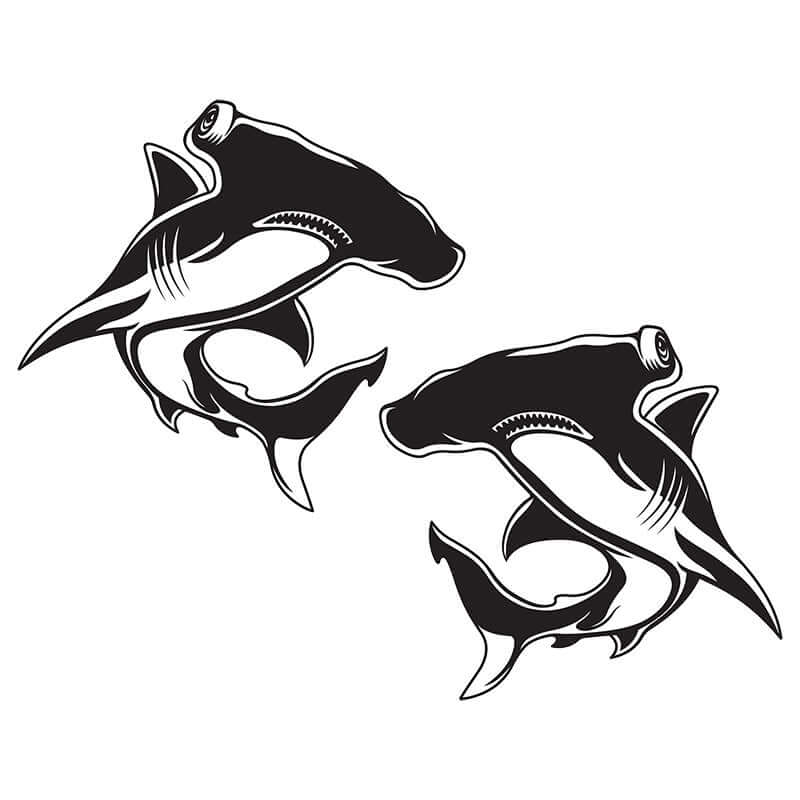 Removable hammerhead shark fish wall decals in black and white, customizable up to 70" for fish enthusiasts, available in matte finishes.