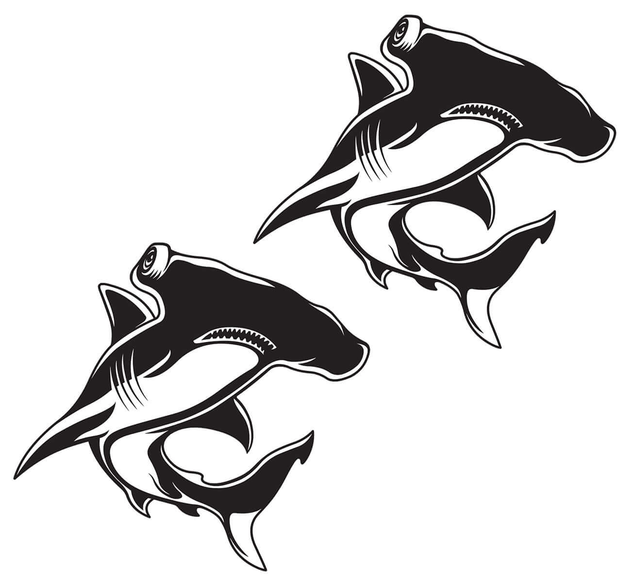 Hammerhead shark fish wall decals in matte black, customizable wall stickers for bedroom decor, available in 40"-70" sizes