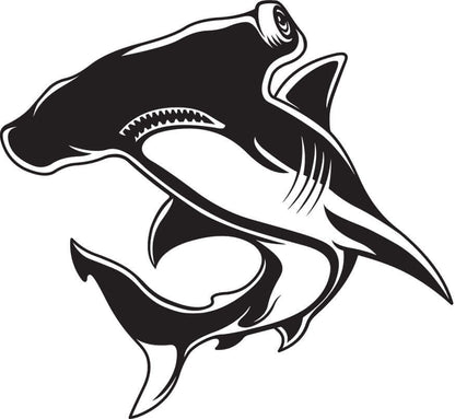 Hammerhead shark wall decal in black, available in multiple sizes from 40" to 70". Perfect for fish enthusiasts.