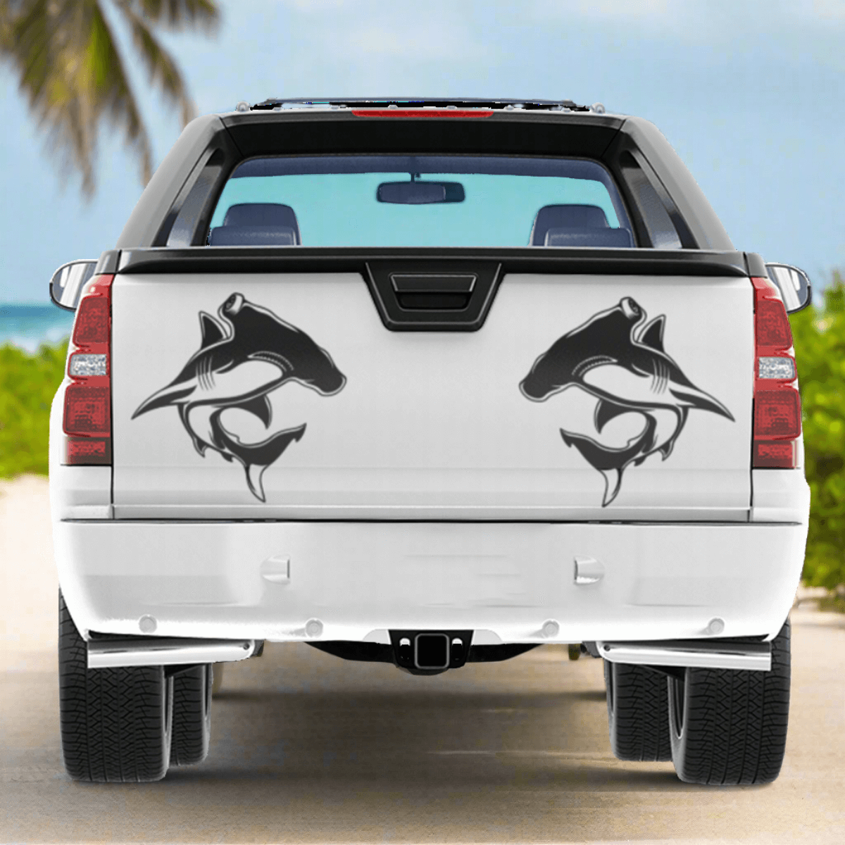 Hammerhead Shark fish decals for trucks on tailgate with beach background