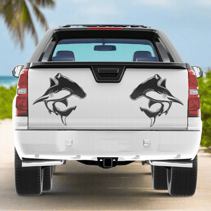 Hammerhead Shark fish decals for trucks on tailgate with beach background