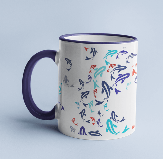 Karp, Koi Fish mug on a light blue background, with a light blue handle and rim.