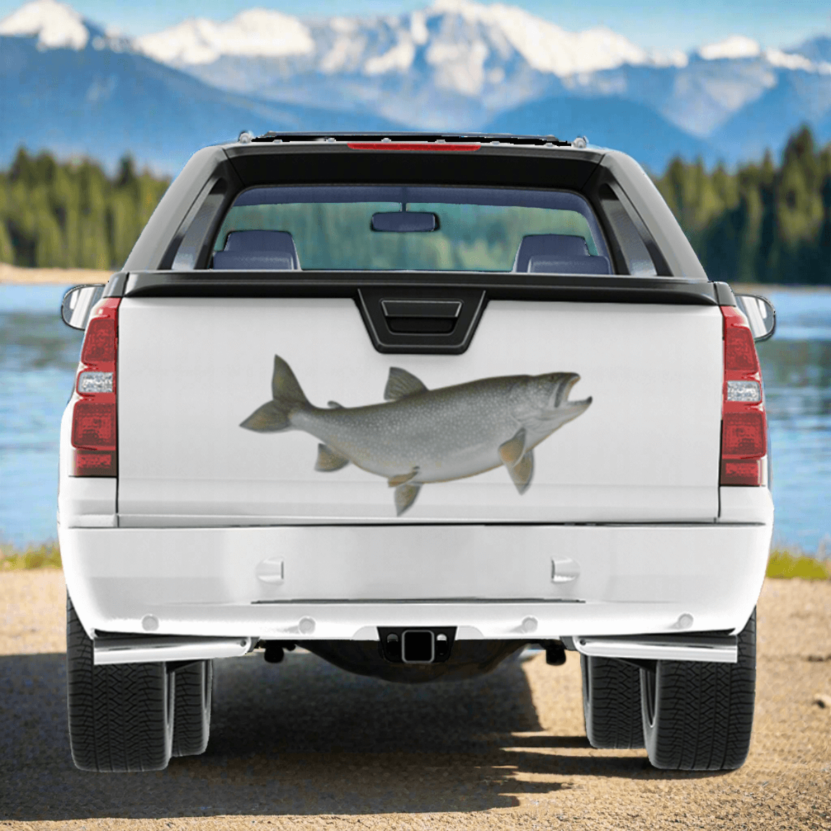 Lake Trout decal on truck, ideal fishing bumper sticker, customizable size and text, perfect for fishing enthusiasts.