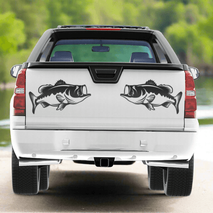 Largemouth Bass fishing decals for trucks in black vinyl, left and right facing, perfect for anglers' vehicles.