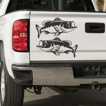 Largemouth Bass fish decals on truck tailgate, perfect for fishing enthusiasts and outdoor lovers.