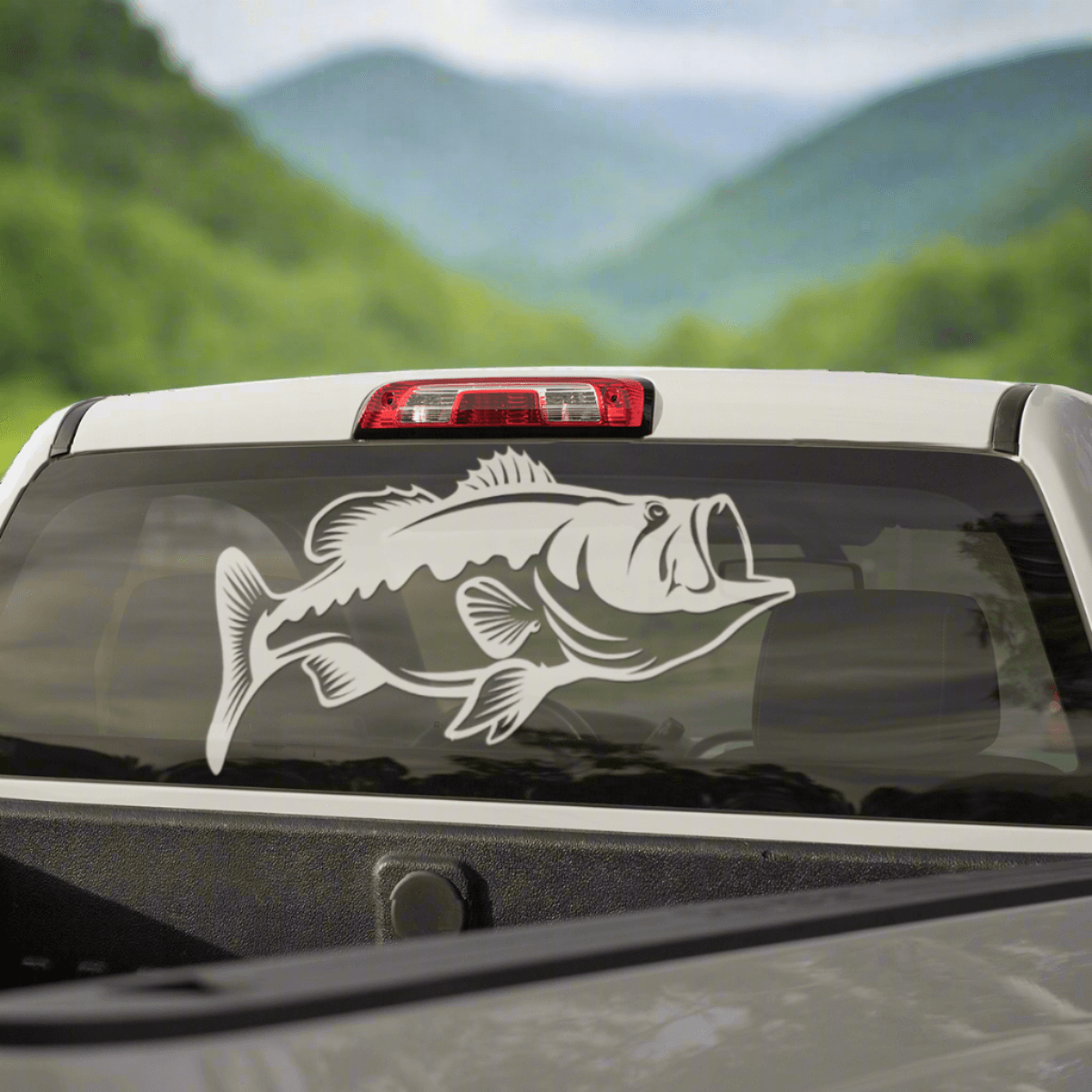 Largemouth Bass decal on truck window, perfect fishing stickers for trucks, weatherproof vinyl design.