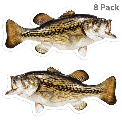 8 pack largemouth bass fishing stickers, left and right facing fish stickers, perfect for car, boat, or laptop.