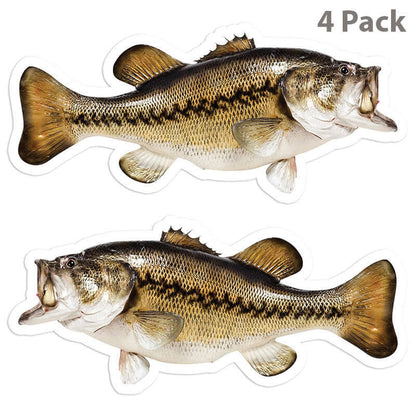 4 pack of 14 inch largemouth bass fishing decals, left and right facing, perfect for car, boat, or laptop.