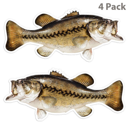 4 pack largemouth bass fish stickers, left and right facing, perfect for cars and boats, weather-resistant and high-resolution.