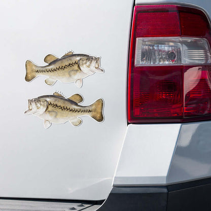 Largemouth Bass fish stickers on a truck tailgate, weather resistant and perfect for cars, boats, laptops. Realistic high-resolution fishing decals.