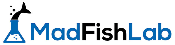 Logo of MadFishLab featuring a flask with a fish tail and bubbles, representing innovative seafood research.