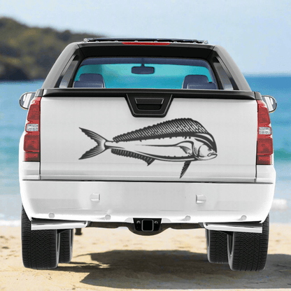 Black Mahi Mahi fishing decal on truck tailgate, perfect fish stickers for trucks by the beach.