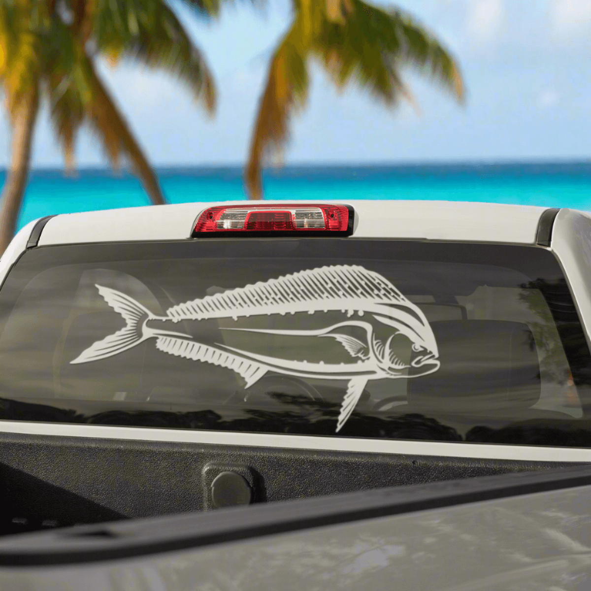 Mahi Mahi fishing decal for truck, white vinyl fish sticker, perfect for car or boat, weatherproof and marine grade quality