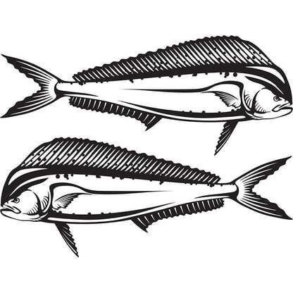 Mahi Mahi fish decals for boats, waterproof vinyl, black and white, perfect for cars, boats, and trucks.