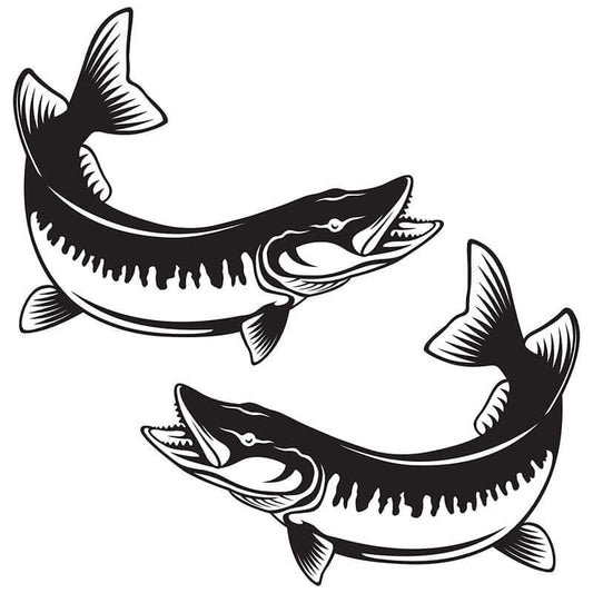 Black and white Muskellunge decals facing opposite directions, perfect fish vinyl sticker for boats.