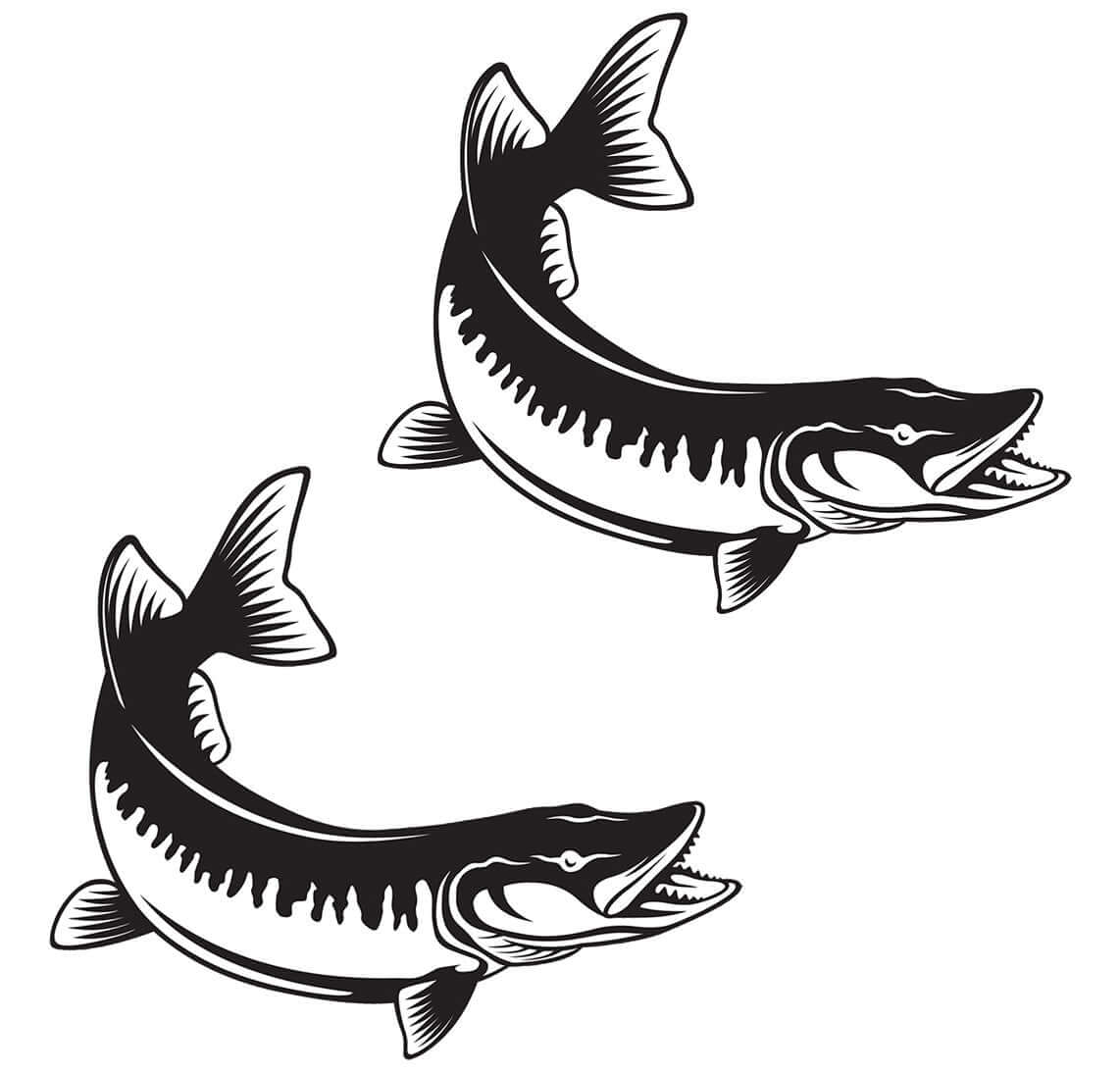 Two black Muskellunge fish wall decals, perfect for enhancing home decor for fishing enthusiasts.