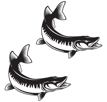 Two black Muskellunge fish wall decals, perfect for enhancing home decor for fishing enthusiasts.