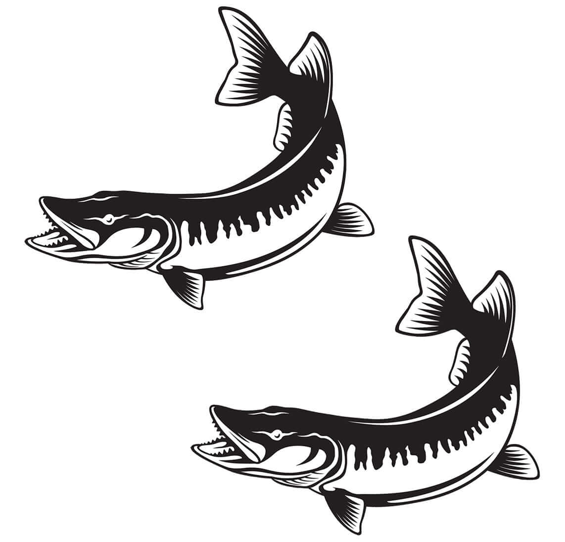 Black and white Muskellunge wall decals, featuring two fish designs, perfect for home decor and fish enthusiasts.