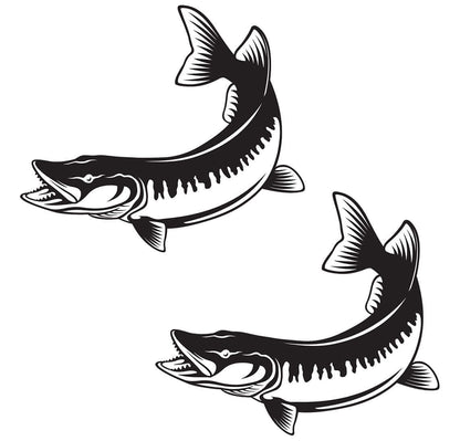 Black and white Muskellunge wall decals, featuring two fish designs, perfect for home decor and fish enthusiasts.