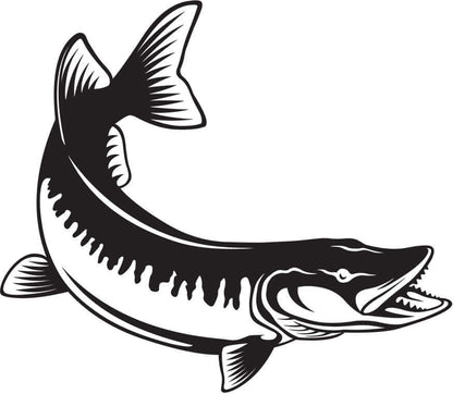 Black and white illustration of a muskellunge fish, perfect for wall decals and fish enthusiasts.