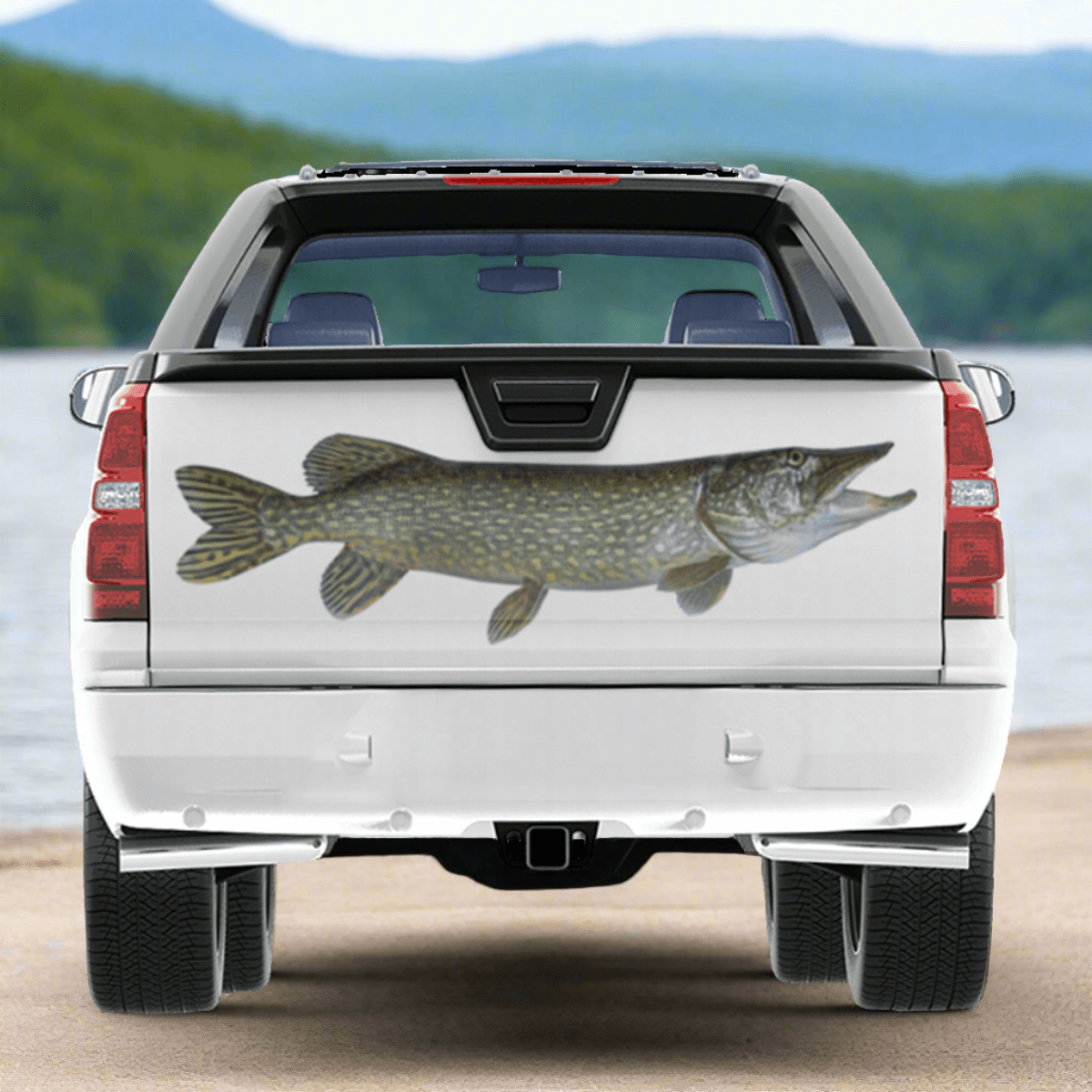 Northern Pike large decals on a pickup truck by a beautiful lake.