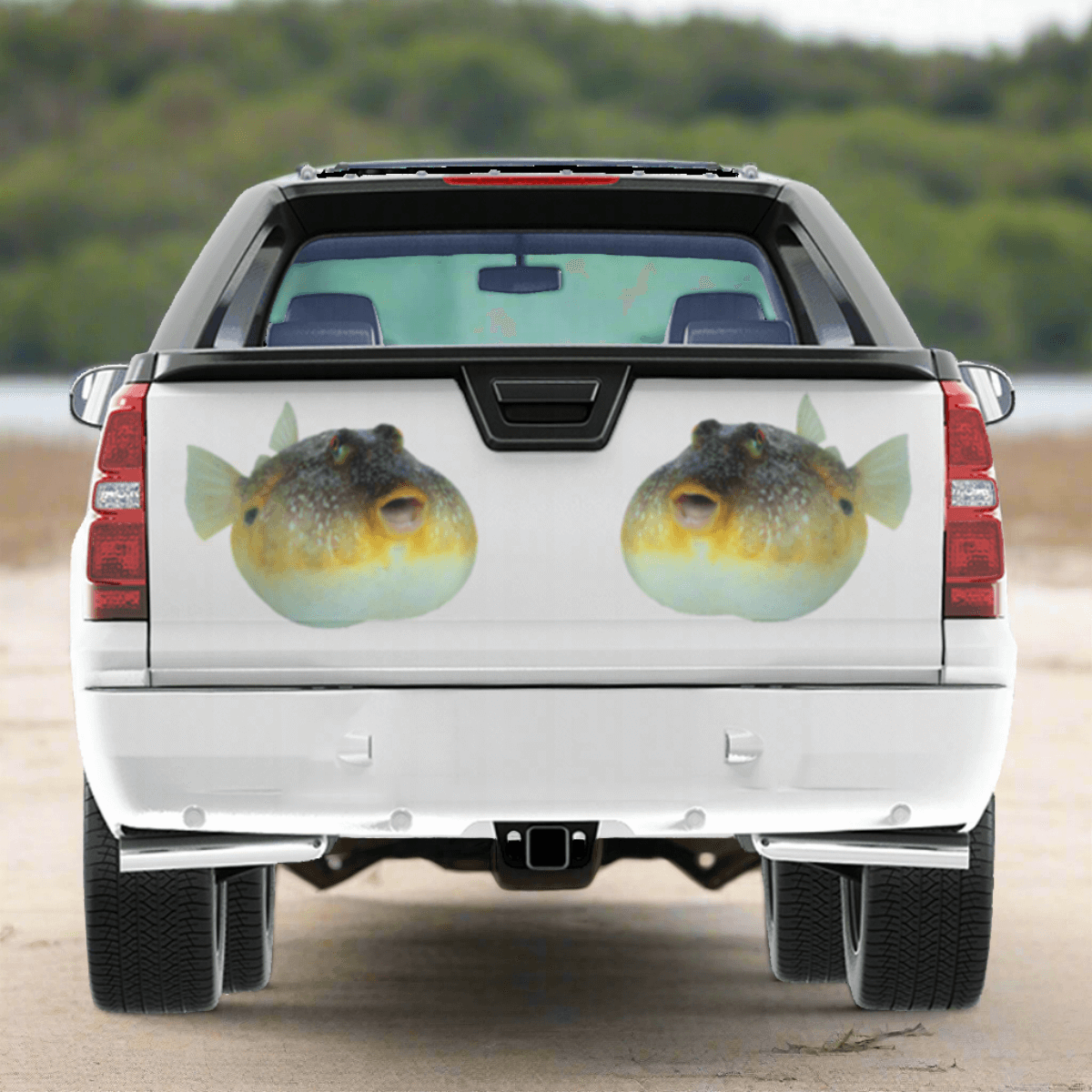 Pufferfish large decals on a pickup truck parked by a saltwater estuary..