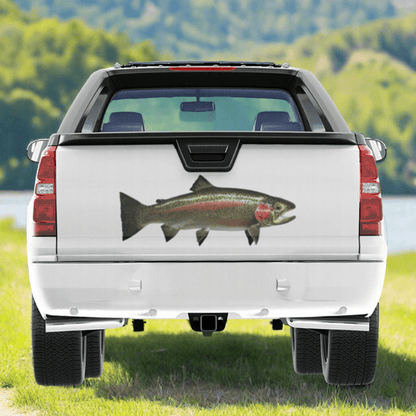 Large Rainbow Trout decal on a pickup truck by a river.