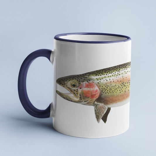 Rainbow Trout accent mug with dark blue handle on light blue background.