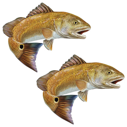 Two red drum fish wall decals with detailed scales and fins, perfect for fish enthusiasts.