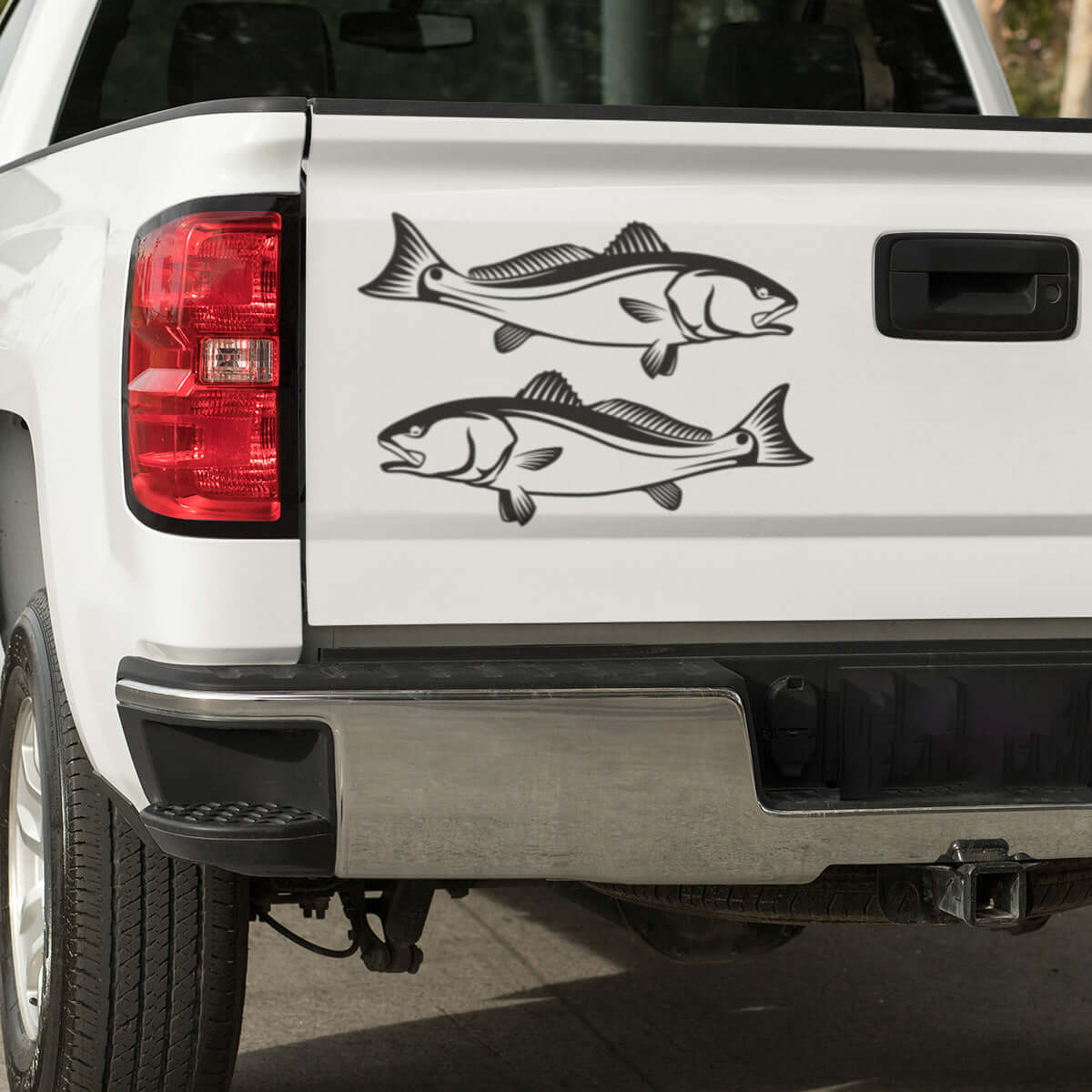 Red Drum decals on truck, customizable sizes 14"-70", weatherproof fish decals for cars.