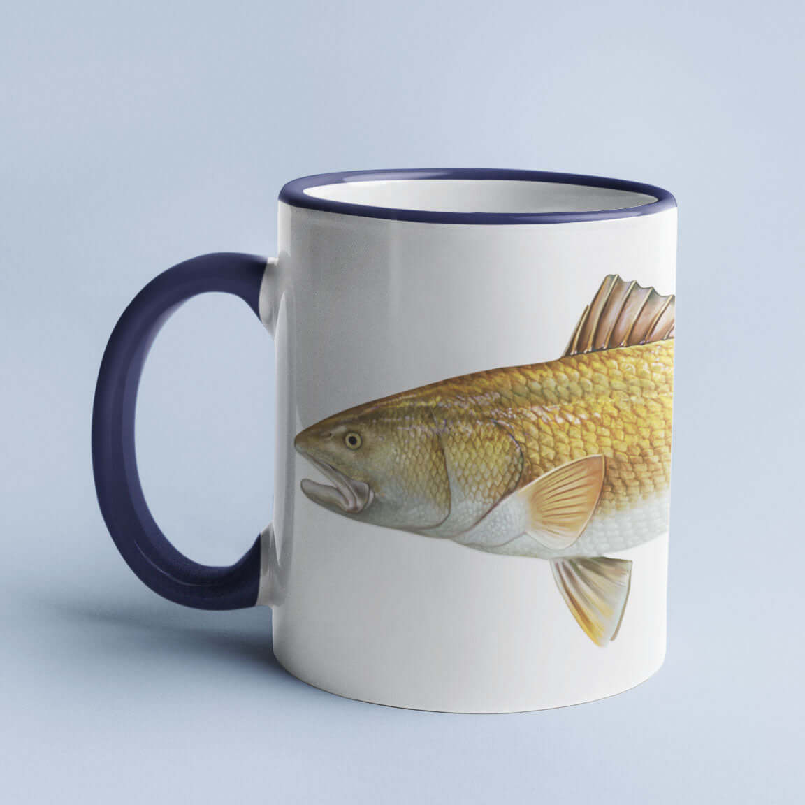 Coffee mug featuring a detailed fish illustration on a light gray background.