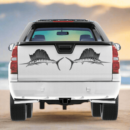 Sailfish decals on truck tailgate, perfect for fishing stickers enthusiasts. Weatherproof vinyl for boats, cars, or trucks.