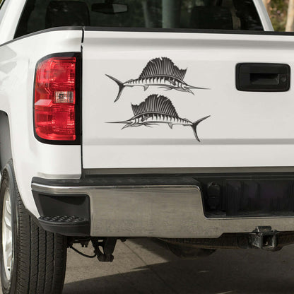 Customizable sailfish decals for trucks, available in sizes 14"-70", perfect fishing decals for boats or cars in black or white.