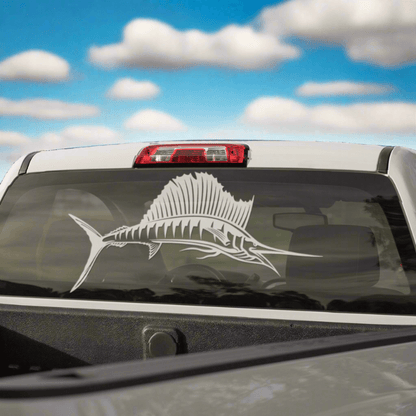 White Sailfish decal on truck window, customizable size and text. Perfect fishing decals for cars, marine-grade vinyl, 14"-70".