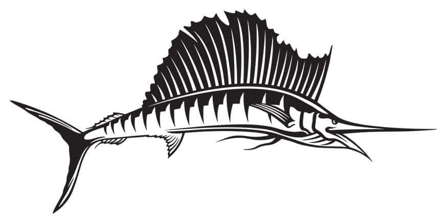 Black and white sailfish wall decal in 40"-70" size, perfect for fishing enthusiasts.